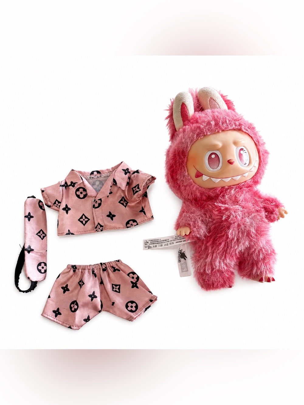 Plush Pink Furry Monster Labubu with Pink Outfit